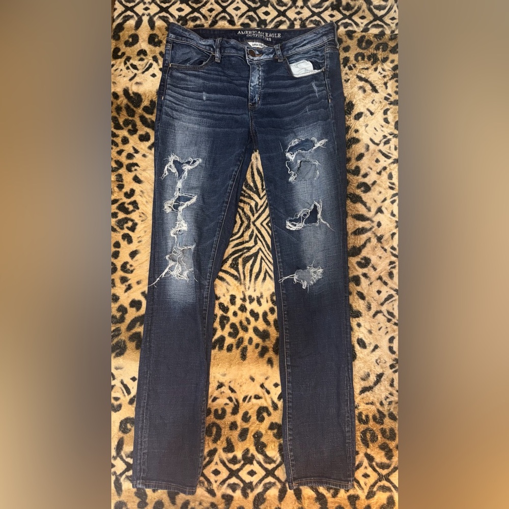 American Eagle Outfitters Dark Blue Distressed Skinny Jeans Extra Long Length